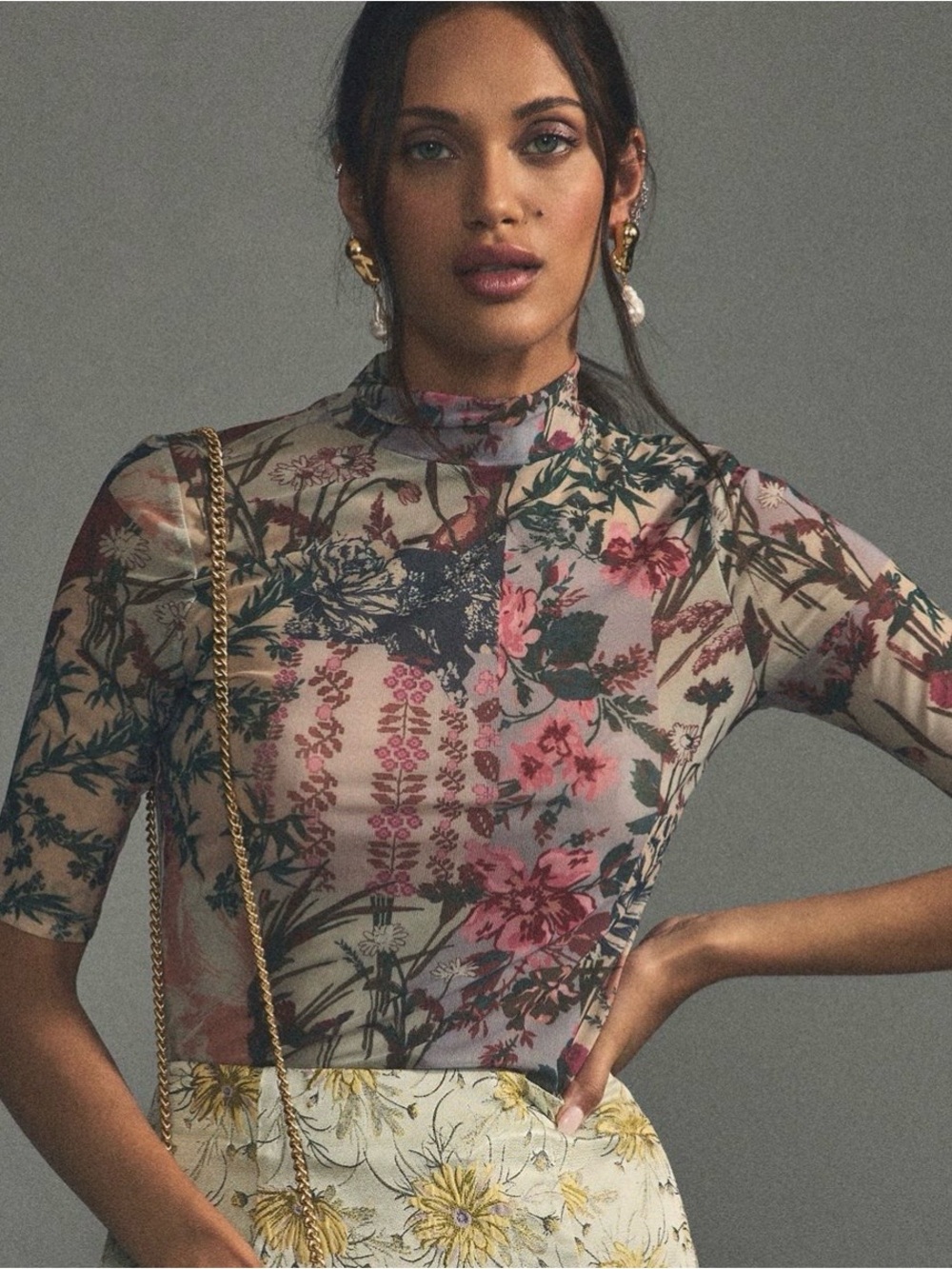 Anthropologie Printed Mesh Mock Neck Top